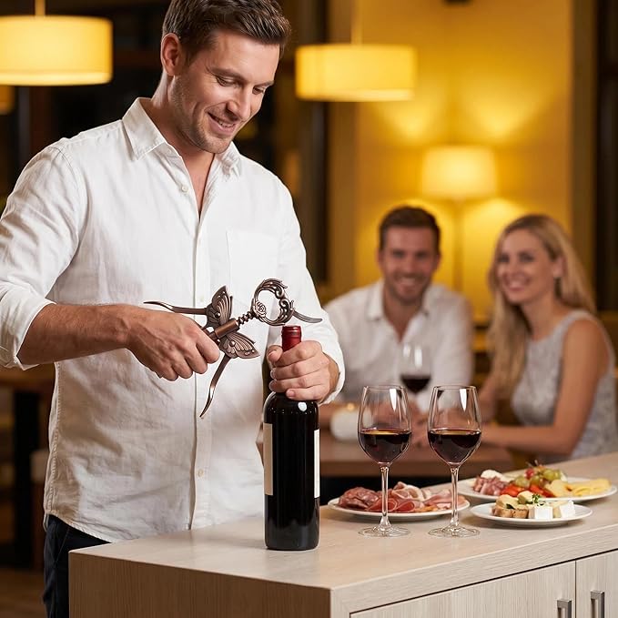 Wine Opener, 3 in 1 Zinc Alloy Premium Wing Corkscrew Wine Bottle Opener with Multifunctional Bottles Opener and Serrated Foil Cutter for Wine and Beer (Bronze)