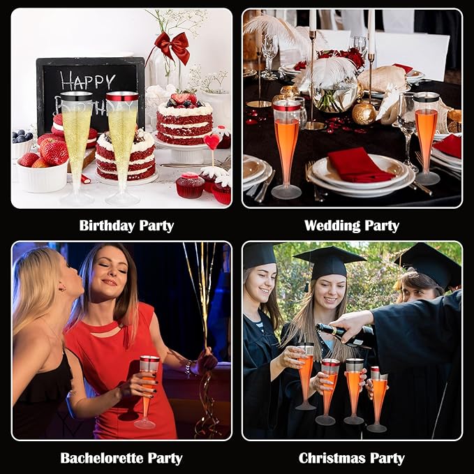 Jingmore 36 Pcs Plastic Champagne Flutes 4.5 oz Clear Disposable Wine Glasses Cocktail Cup Champagne Glass for Wedding Graduation Summer Party Favor Mimosa Bar Supplies (Black,Red)
