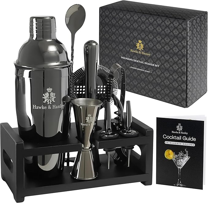 Hawke & Hanley Mixology Bartender Kit: Cocktail Shaker Bar Set with a Martini Shaker, Bar Tools and Black Bamboo Stand | Bartending Kit with Recipe Book | Unique Housewarming Gift (Black)
