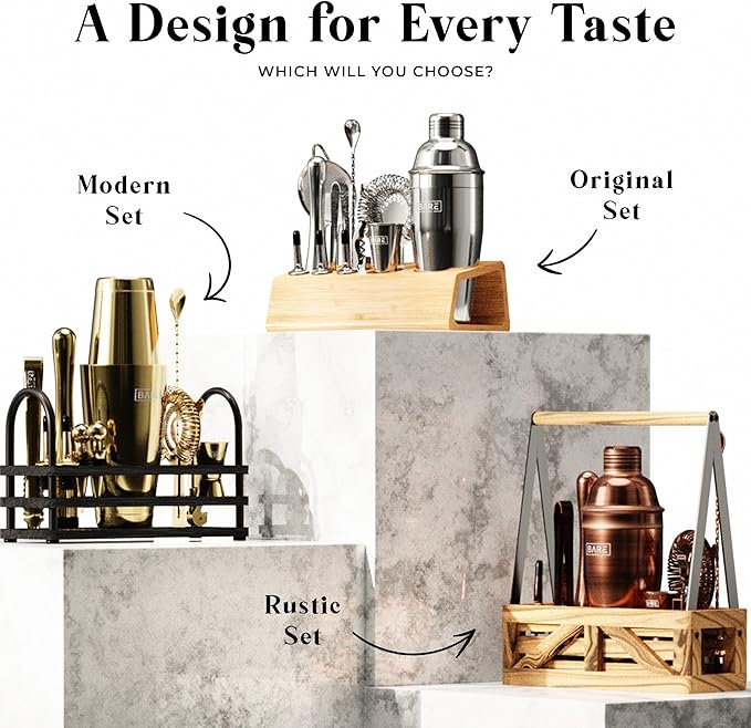 BARE BARREL® Mixology Bartender Kit Bar Set | 16-Piece Cocktail Shaker Set | Martini Barware Mixing Tools for Home Bartending | Incl. 35 Recipe Cards | Gift Set (28oz Boston Shaker, Silver/Black)