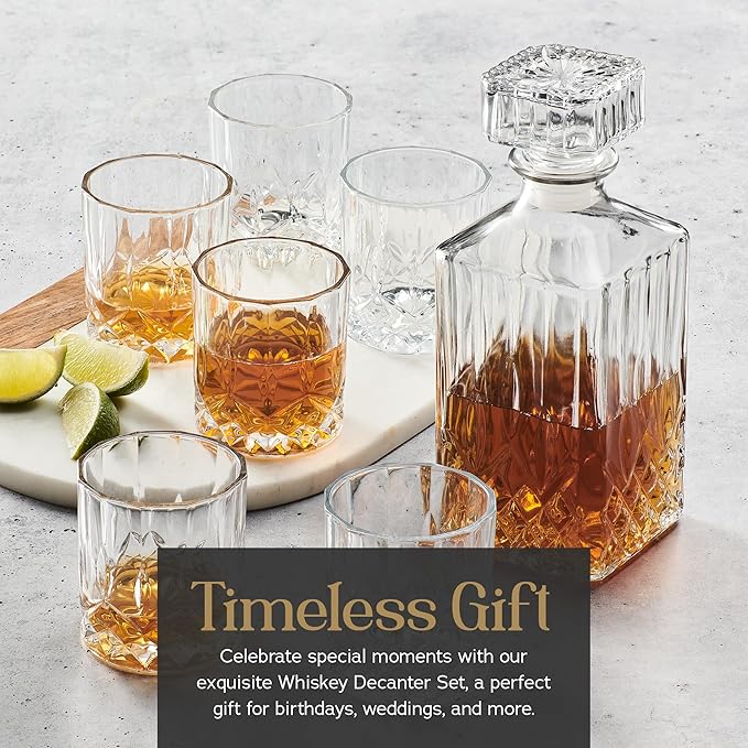 Style Setter Whiskey Decanter Set with Glasses - Prestigious Whiskey Set with 25oz Liquor Decanter and 6 Glasses - Upscale Whisky Decanter & Glass Set - Birthday Gifts Fathers Day