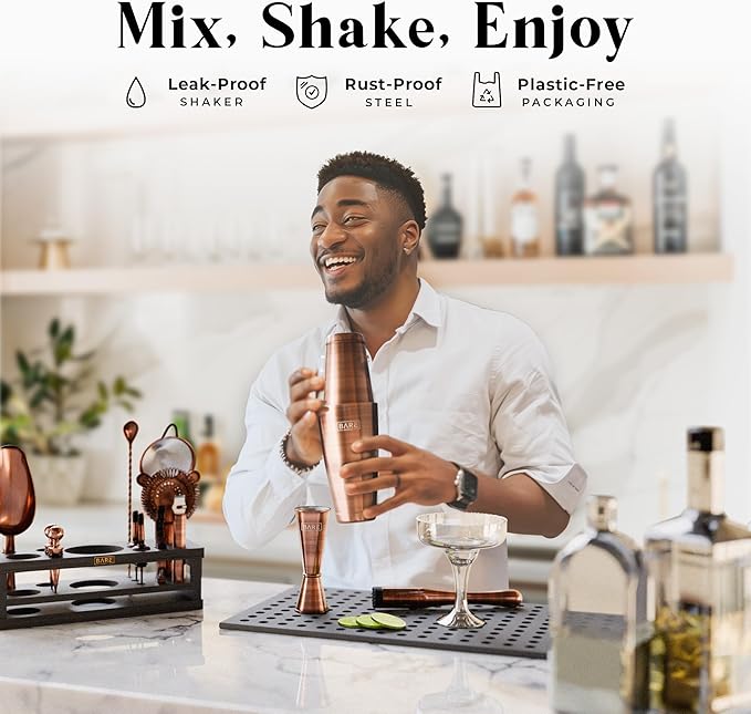 BARE BARREL® Mixology Bartender Kit Bar Set | 16-Piece Cocktail Shaker Set | Martini Barware Mixing Tools for Home Bartending | Incl. 35 Recipe Cards | Gift Set (28oz Boston Shaker, Copper/Black)