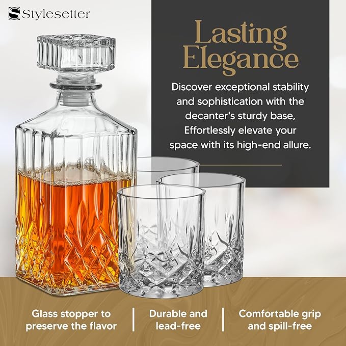Style Setter Whiskey Decanter Set with Glasses - Prestigious Whiskey Set with 25oz Liquor Decanter and 6 Glasses - Upscale Whisky Decanter & Glass Set - Birthday Gifts Fathers Day
