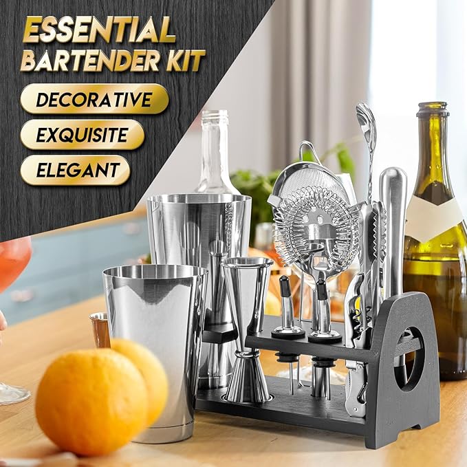 Semderm Boston Shaker Set, Weighted Cocktail Shaker & Mixology Bartender Kit - Heavy Duty 18/8 Stainless Steel Tins with Black Bamboo Stand - Includes Fine Mesh Strainer & Jigger