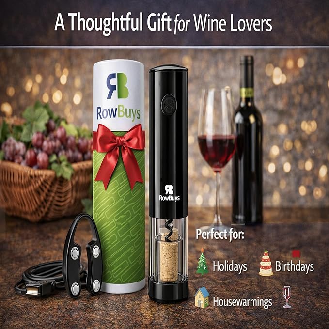 Electric Wine Opener Set – Rechargeable Automatic Corkscrew with One-Touch Operation, Cordless Wine Bottle Opener with Foil Cutter & USB Charging Cable, Wine Lover Gift