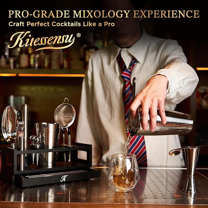 KITESSENSU 25-PC Professional Boston Shaker Set Bartender Kit, Mixology & Cocktail Bar Set with Bamboo Drawer Stand, 18oz & 28oz Ultimate Martini Shaker Gift for Home Bar