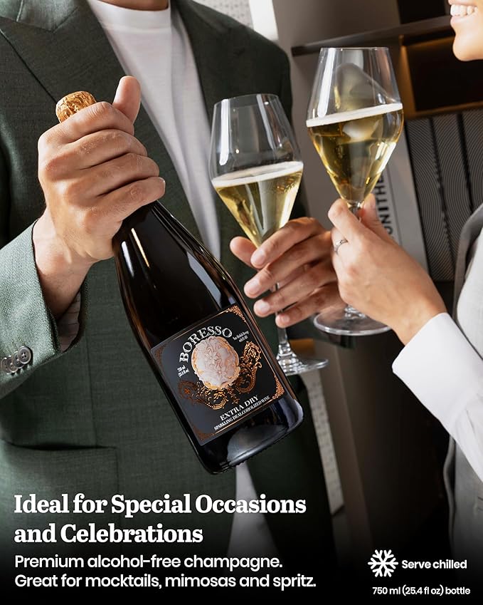 Boresso Extra Dry 0.0% ABV Non-Alcoholic Sparkling Wine With Gift Box Perfect Alcohol-Free Champagne Alternative Dealcoholized From Italy 750ml