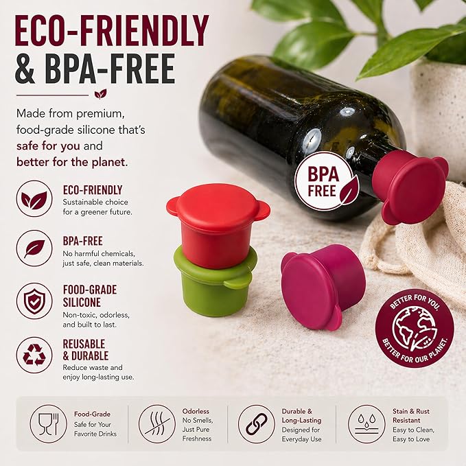 Wine Bottle Caps - Silicone Bottle Covers - Air-Tight Vacuum Seal - Wine Gifts for Women - Set of 4