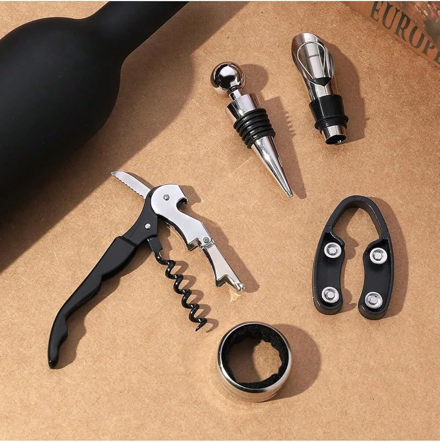 Wine Bottle Shaped Opener Gift Set, 5 Piece Wine Accessories Kit with Corkscrew, Bottle Stopper, Pourer, Foil Cutter, Drip Ring, Black Case, Perfect for Birthday, Wedding, Anniversary, Christmas