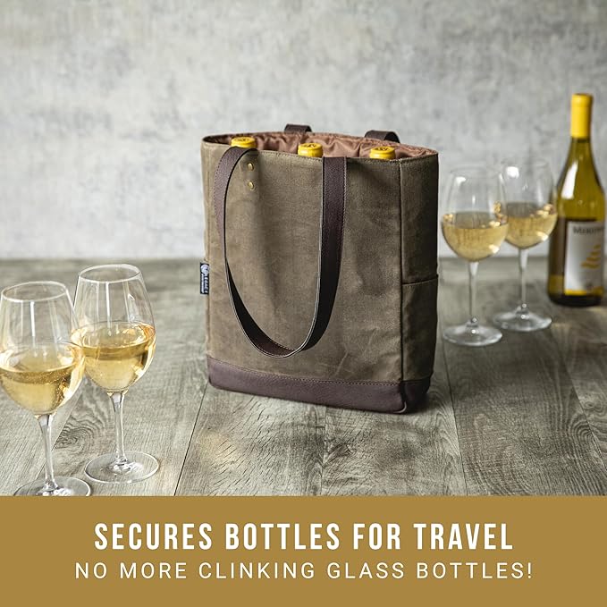 PICNIC TIME 2 and 3 Bottle Insulated Wine Bag, Distressed Waxed Canvas Wine Tote, Durable Bottle Carrier Bag for Gifts and Travel with Side Pockets & Removable Divider (Khaki Green with Brown Accents)