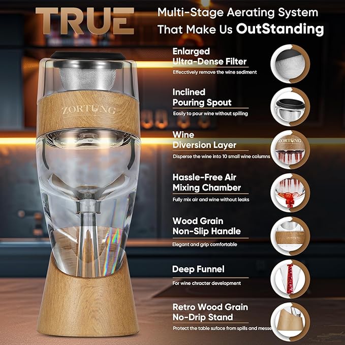 Premium Wine Aerator Pourer - Unique Multi-Stage Aeration Enhance Wine Flavors,Decanter Set Includes Sediment Filter,No-Drip Stand,Travel Pouch Quality and Great Gift for Wine lovers