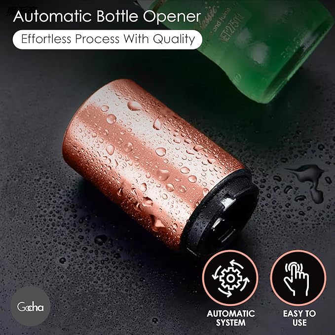 GOCHA | Magnetic Beer Bottle Opener with Automatic Cap Catcher – Stainless Steel Push-Down Gadget, One-Hand Bar Tool for Beer & Soda Bottles (Rose Gold)