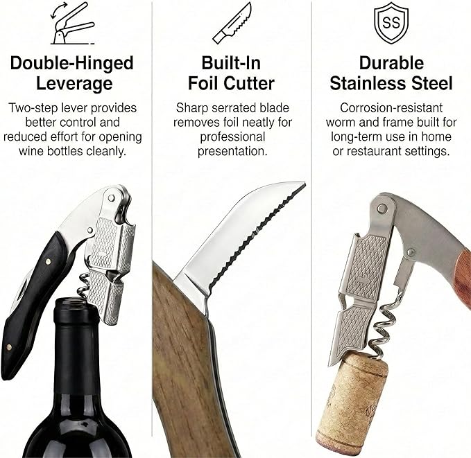 Wine Opener & Corkscrew (2 Pack), Professional Double Hinged Wine Bottle Opener with Foil Cutter & Wood Handle, Waiter's Corkscrew Wine Key for Bartender & Server, Vegan Leather Pouch Gift Set