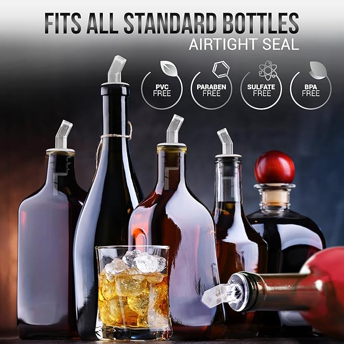 Esatto Pourer with Screen - Premium Quality Liquor Dispenser Pour Spouts with Built-in Filter for Smooth Pouring - Pour Spouts Ideal for Bartenders, Home Bars, and Parties (12 Pack & 4 Cork)