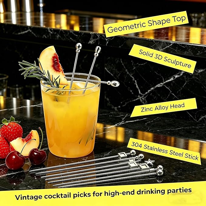 Homestia Geometric Cocktail Picks, 12PCS Stainless Steel Modern Martini Picks 4.3 Inch, Assorted Shapes Drink Skewers for Cocktails, Olives, Appetizers, Bar Accessories