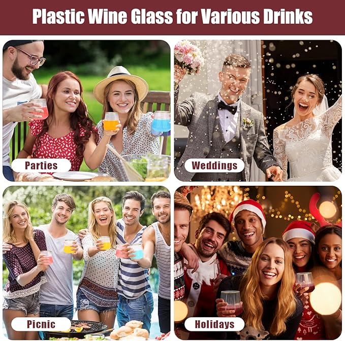 24 Pack Plastic Ribbed Wine Glasses with Gold Rim, 14oz Stemless Disposable Wine Cups, Clear Unbreakable Outdoor Cocktail Glasses, Heavy Duty Reusable Plastic Drinking Cup for Party Wedding Mimosa Bar