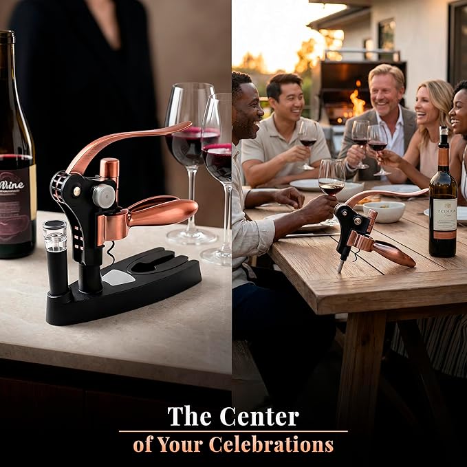 Complete Corkscrew Wine Opener Set With 7 Essential Accessories – Luxury Corkscrew Wine Opener Set for Effortless Uncorking & Wine Preservation – The most Elegant Wine Opener Gift Set (Luxe Bronze)