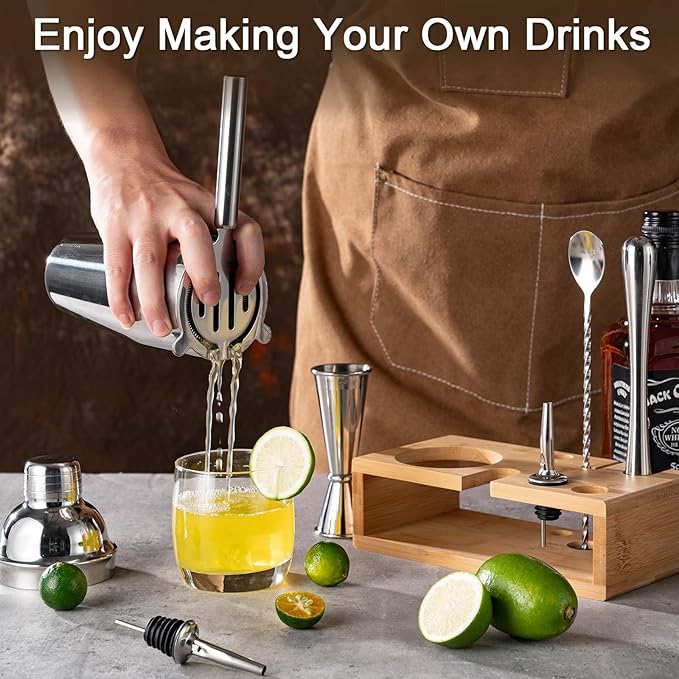 BRIOUT Cocktail Shaker Set Bartender Kit with Stand, Bar Set Drink Mixer Set with All Essential Accessory Tools: Martini Shaker, Jigger, Strainer, Mixer Spoon, Muddler, Liquor Pourers | Silver