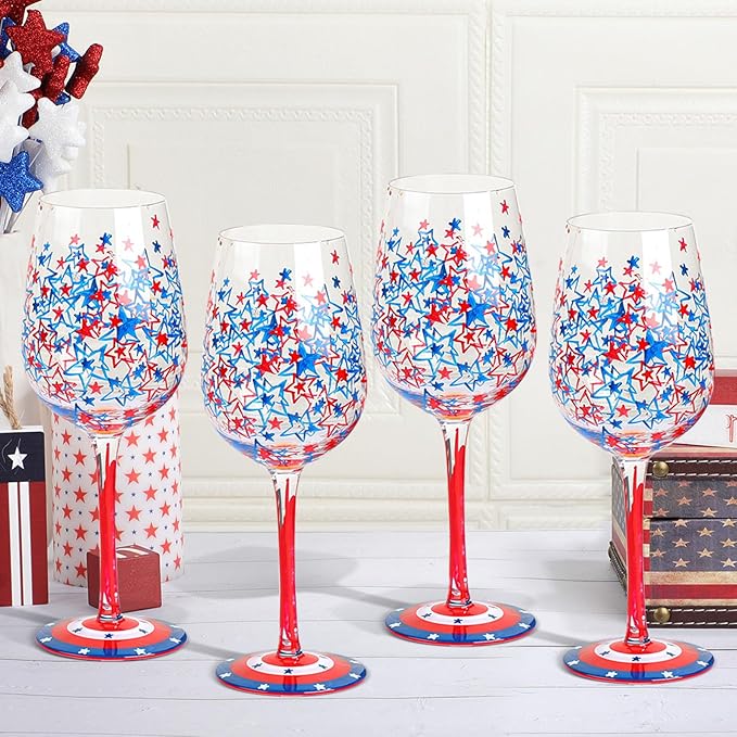 SiliFine 4 Pcs 4th of July Independence Day Party Stemmed Wine Glasses Hand Painted Drinking Cup Wine Glasses Gifts for Birthday Theme Holiday Party Supplies