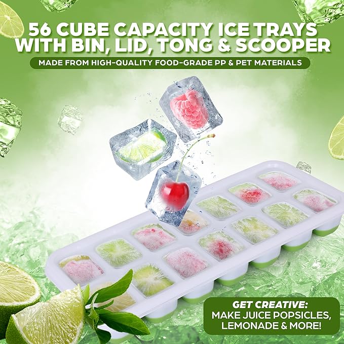 Ice Cube Tray Set with Lids & Bin, 4 Silicone Ice Trays with Scoop & Tongs, BPA Free Ice Maker for Whiskey, Cocktails, Coffee & Freezer Storage