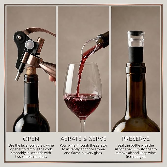 Ultimate All-in-One rabbit wine opener Set – 7 Essential Accessories Included – Complete corkscrew wine opener Kit with Aerator, Stopper & Stand – Premium wine bottle opener for Wine Lovers