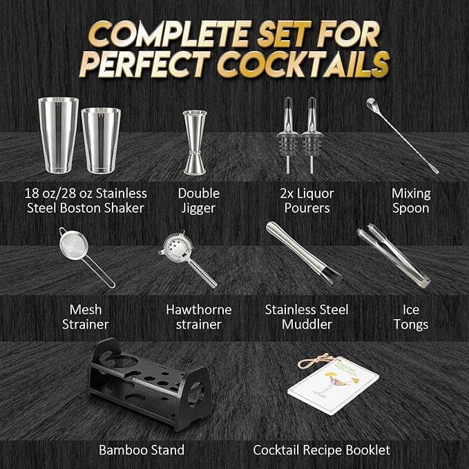 Semderm Boston Shaker Set, Weighted Cocktail Shaker & Mixology Bartender Kit - Heavy Duty 18/8 Stainless Steel Tins with Black Bamboo Stand - Includes Fine Mesh Strainer & Jigger