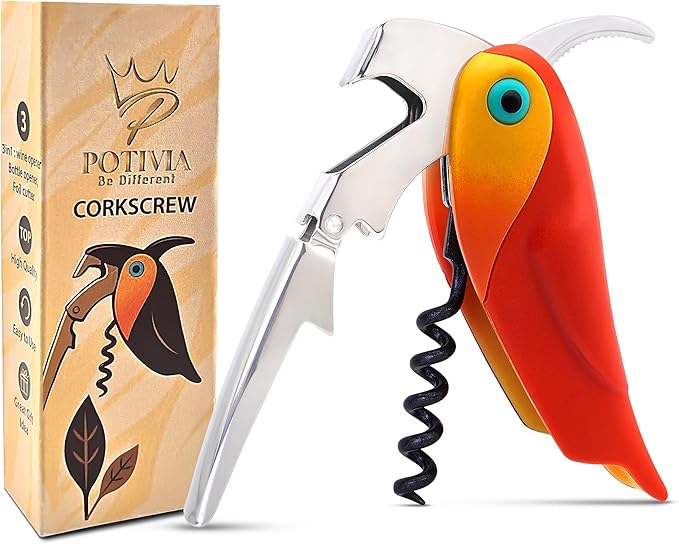 Wine Opener Waiter Corkscrew - Professional Wine Key for Servers & Bartenders with Foil Cutter - Manual Bottle Opener, Double Hinged Bird Shape 3-in-1 (Red)