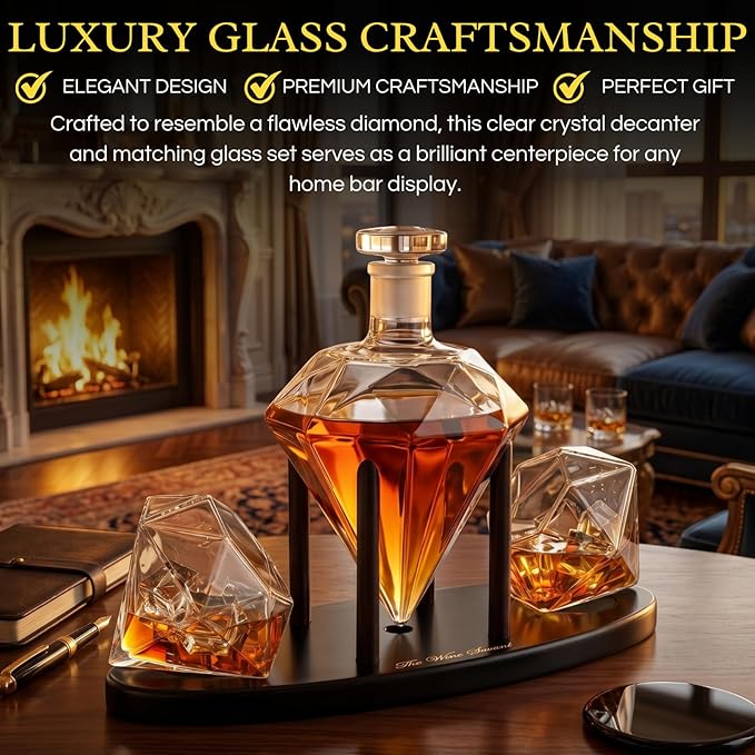 The Wine Savant Diamond Whiskey Decanter l With 2 Diamond Glasses Liquor, Scotch, Rum, Bourbon, Vodka, Tequila Decanter (750 ML DECANTER)