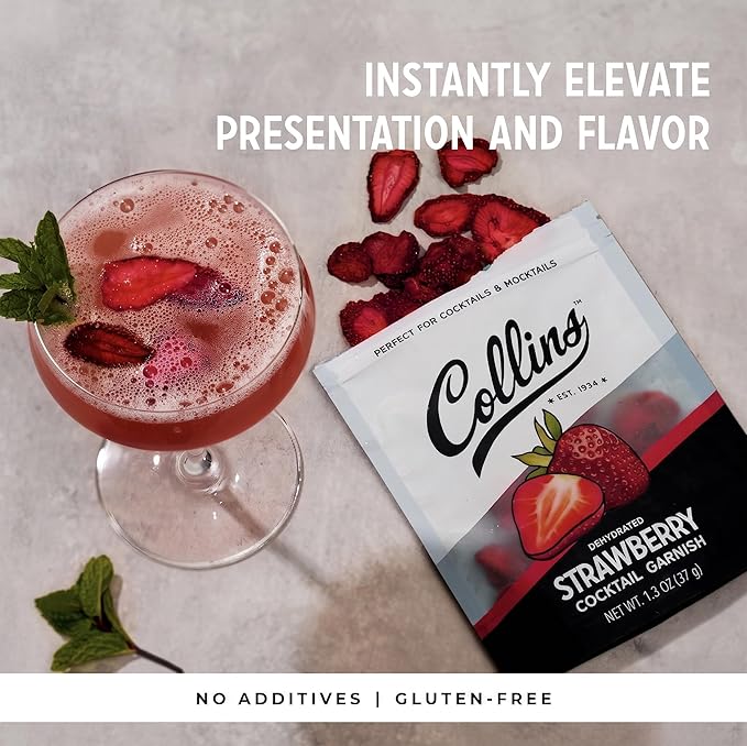 Collins Dehydrated Strawberry Cocktail Garnish Slices, 1.3 oz – Perfect for Strawberry Gin Fizz, Spritzes & Desserts – Premium Drink & Food Garnish – 1.3 oz