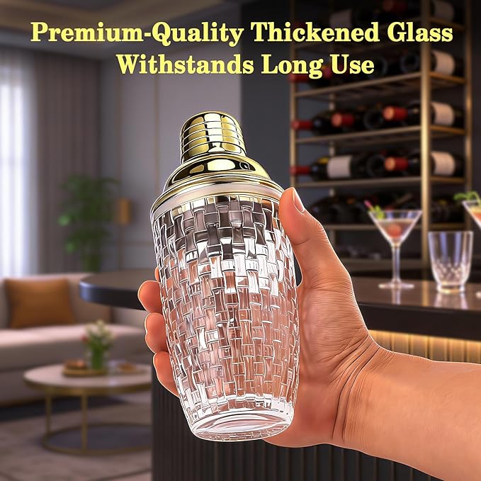 Cocktail Shaker Set - Gold Drink Shaker Bottle with Muddler Professional Martini Shaker Glass for Home Bartender 13.5 Oz Drink Mixer with Measuring Jigger and Built-In Strainer
