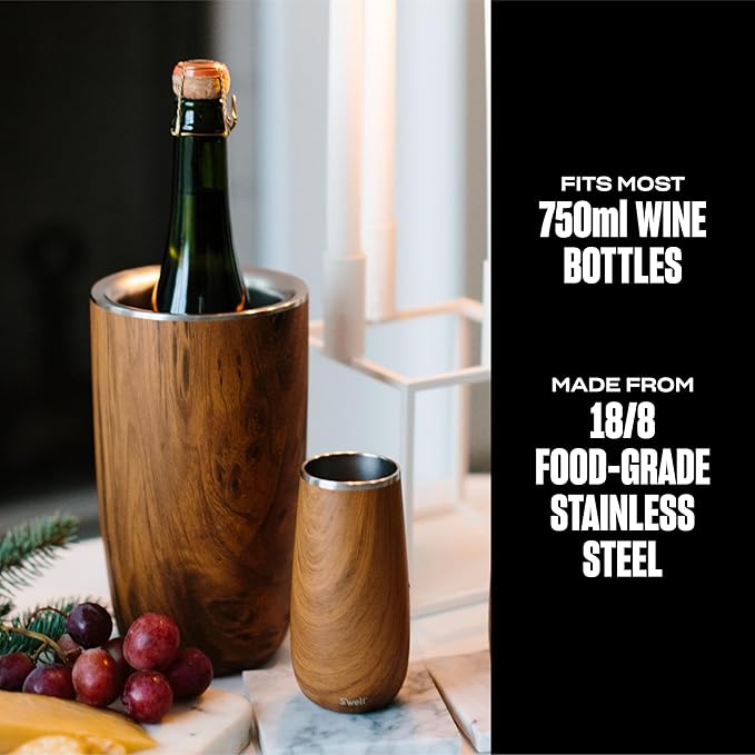 S'well Stainless Steel Wine Chiller, Holds 750ml Bottle, Teakwood, Triple Layered Vacuum Insulated Container Keeps Bottles Chilled for Longer, BPA Free Barware