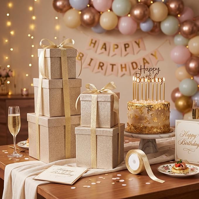 Cholemy 5 Pcs Square Nesting Boxes Decorative Gift Boxes with Lid and Ribbon Assorted Sizes Wrap for Wedding, Carnival, Anniversary, Birthday, Bridal Shower Party Gifts(Champagne Gold)
