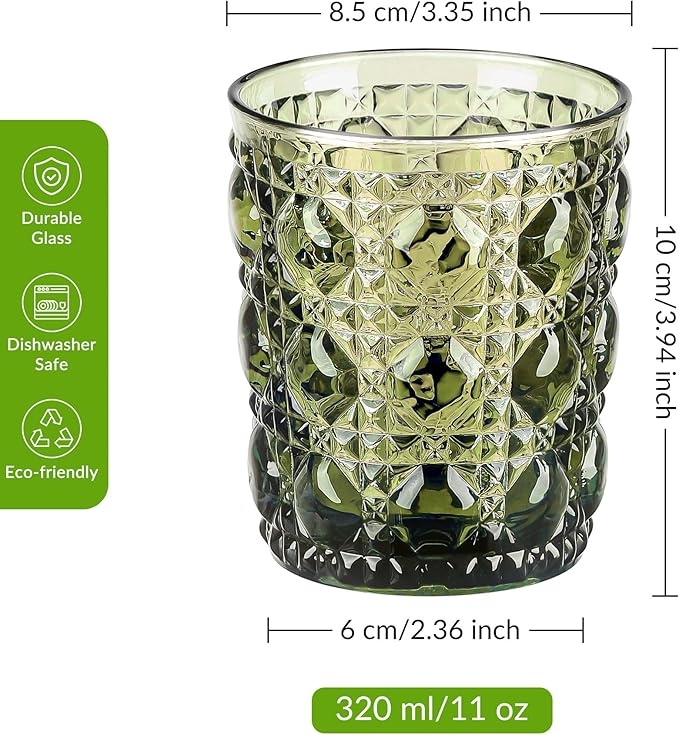 Joeyan Vintage Small Drinking Glasses,Green Embossed Colored Gemstone Water Glass Tumbler,Cocktail Juice Whiskey Milk Wine Glassware Cups,11 oz,Set of 6,Dishwasher Safe