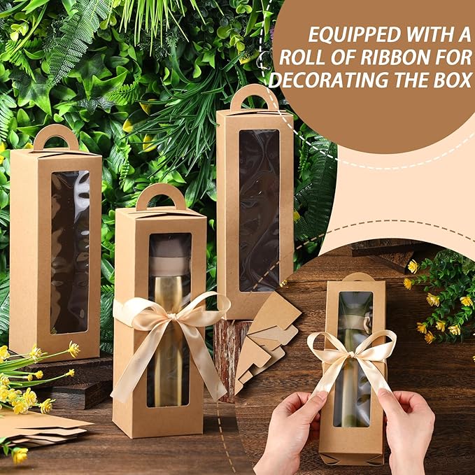Ctosree 24 Pcs Tumbler Gift Box with Handle for 12oz 16oz 20oz 30oz Clear Wine Glass Gift Box Sublimation Tumblers Heat Press Blanks Bottle for Christmas Wrapping Packaging(Kraft Paper Color)