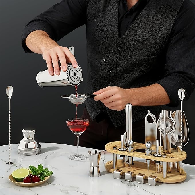 Cocktail Shaker Set, 25-Piece Stainless Steel Bartender Kit with Wood Organizer Stand & Cocktail Recipes, Professional Bar Mixology Tools with All Essential Accessories for Drink Mixing