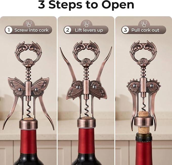 Wine Opener, 3 in 1 Zinc Alloy Premium Wing Corkscrew Wine Bottle Opener with Multifunctional Bottles Opener and Serrated Foil Cutter for Wine and Beer (Bronze)