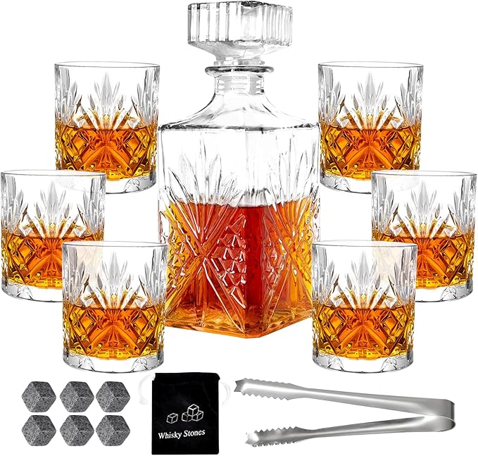 Whiskey Decanter Set for Men with 6 Whiskey Glasses, Clear Decanter Whisky Set Premium Whiskey Decanter Glass Liquor Decanter Set for Whiskey, Bourbon
