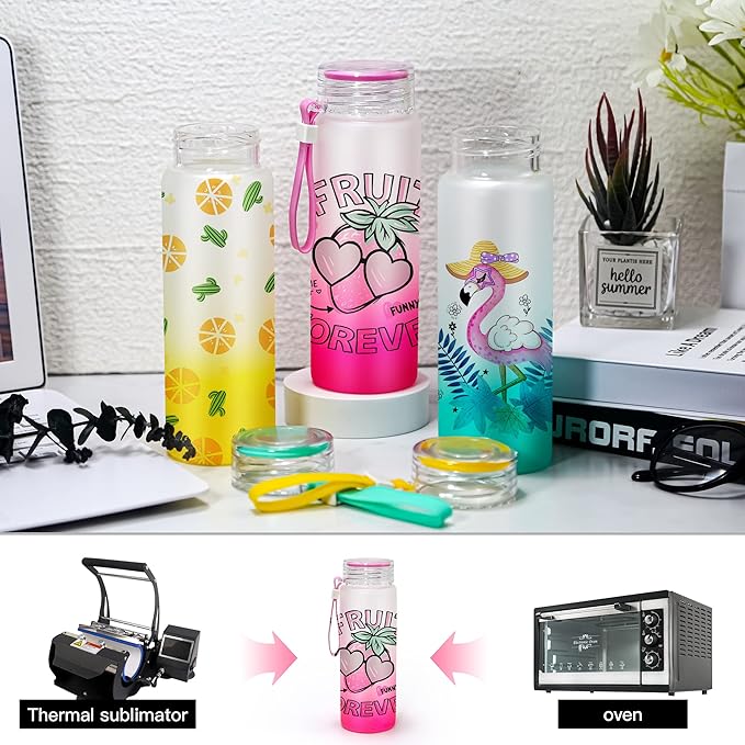 AGH 16oz Sublimation Glass Cups 6 Pack Color Frosted Sublimation Glass Tumblers with Colored Carrying Handle Lids,6 Color Gradient Glasses,Suitable for Cold or Cot Drinks,Easy to Carry
