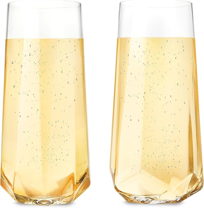 Viski Seneca Faceted Stemless Champagne Flutes, Crystal Clear Sparkling Wine Glasses for Prosecco, Sparkling Cocktails, Mimosas, Elegant Glassware for Wedding Gifts, Home Bar, 9 oz, Set of 2