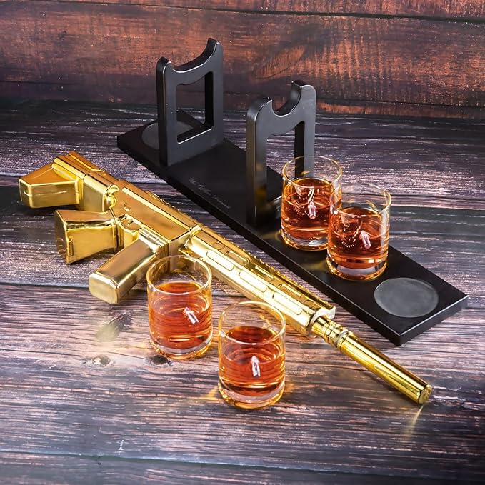 AR15 Gold Whiskey Decanter Set with 4 Bullet Glasses - The Wine Savant, Gift for Dad, Uncle, Son - Veteran, Military, or Home Bar Gift - Unique Whiskey Gift for Men, Father’s Day or Winter