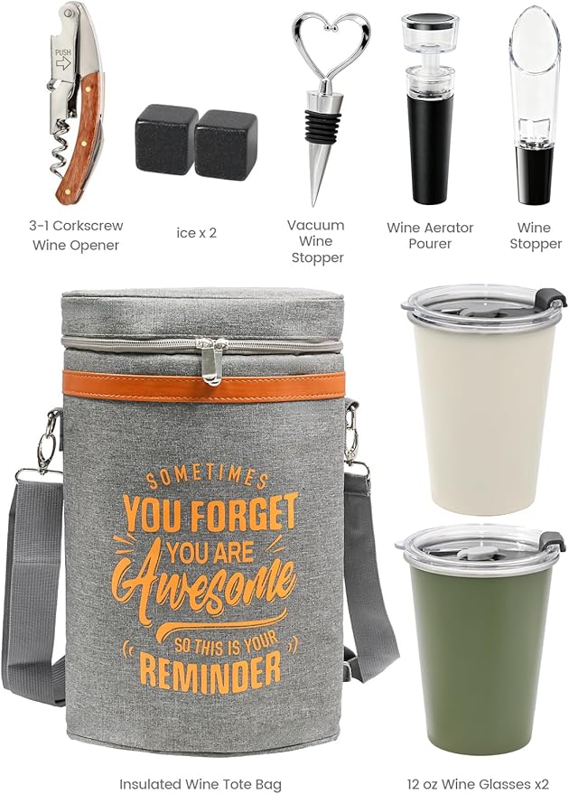 Wine Cooler Bag Gift Set with 2 Tumblers, Insulated Portable Wine Carrier Holds 2 Bottles, Perfect for Outdoor Use, Ideal Easter Birthday Anniversary Gift for Women & Men Wine Lovers