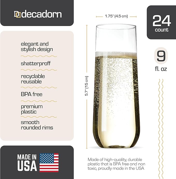 DECADORN Clear Stemless Champagne Flutes Plastic 24 Pack, Made in USA, 9oz Plastic Champagne Glasses - Durable and Sturdy Mimosa Glasses For Parties - Shatterproof, Recyclable, BPA-Free, Smooth Rims