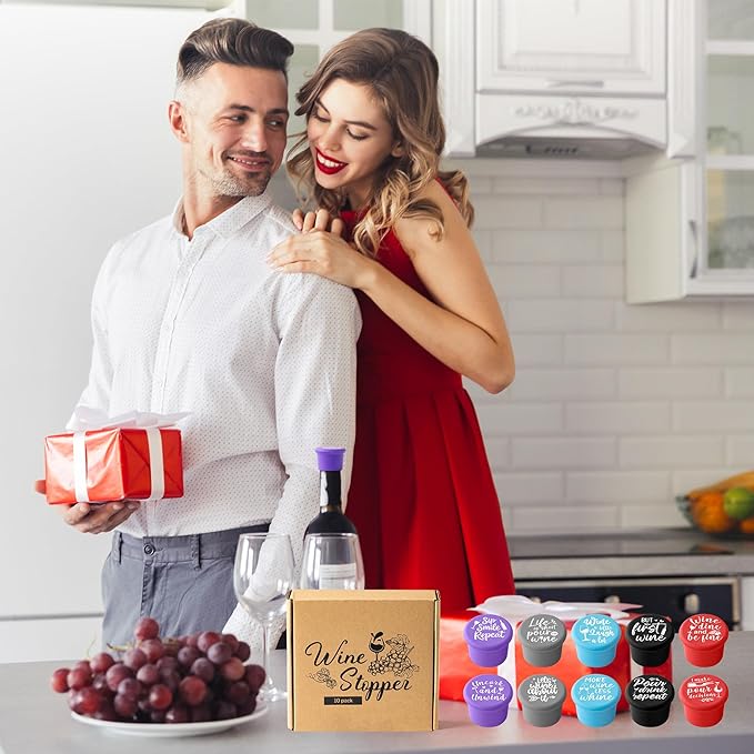 10Pcs Wine Stoppers Gift Set Funny More Wine Less Whine Pattern Silicone Bottle Covers Reusable Beverage Corks Strong Sealing Liquor Accessories for Outdoor Picnics Weddings Barbecues Party