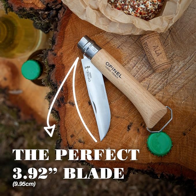 Opinel No. 10 Stainless Steel Corkscrew Wine and Cheese Folding Knife, Integrated Corkscrew + Bottle Opener, Beechwood Handle - Picnic Pocket Knife Made in France (Updated Version)
