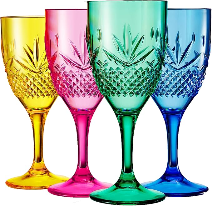 Shatterproof Tritan Stemmed Fancy Wine Glasses Goblets, Resalable | 4 Set | Bright Colors Glass Lookalike, Crystal Color Acrylic Drinkware, Reusable Unbreakable BPA-free plastic, Outdoor & Indoor 11OZ