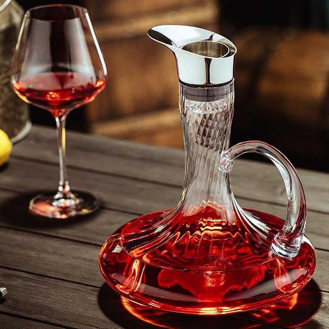 Hand Blown Wine Decanter, 60oz Large Red Wine Decanter With Aerator, Lead-free Striped Glass Carafe, Cute Wine Accessories Set With Handle And Lid Filter, Unique Gifts For Wine Lovers