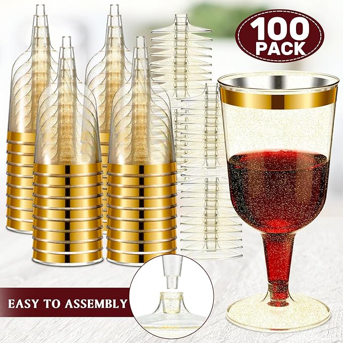 CHENGU 100 Pcs Plastic Wine Glasses 7 oz Gold Rimmed Mini Stemware with Removable Base for Wedding Parties Birthday Anniversary Champagne Toasting(Gold Powder)