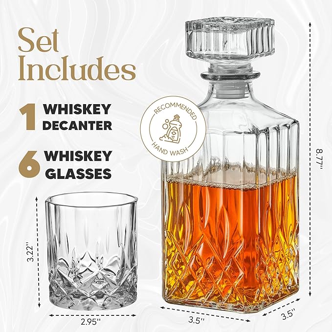 Style Setter Whiskey Decanter Set with Glasses - Prestigious Whiskey Set with 25oz Liquor Decanter and 6 Glasses - Upscale Whisky Decanter & Glass Set - Birthday Gifts Fathers Day