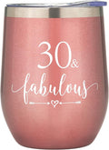 Crisky Rose Gold 30 & Fabulous Wine Tumbler for Women 30th Birthday Gifts for Women, Wife, Mom, Sister, Aunt, Friends, Coworker Her, Vacuum Insulated Coffee Cup,12oz with Box, Lid, Straw
