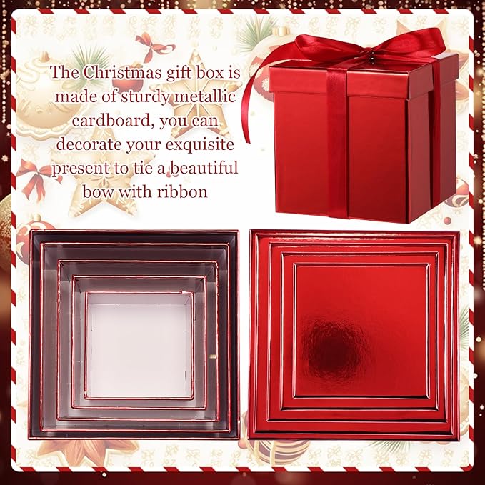 Cholemy 5 Pcs Square Nesting Boxes Decorative Gift Boxes with Lid and Ribbon Assorted Sizes Wrap for Wedding, Carnival, Anniversary, Birthday, Bridal Shower Party Gifts(Shiny Red)